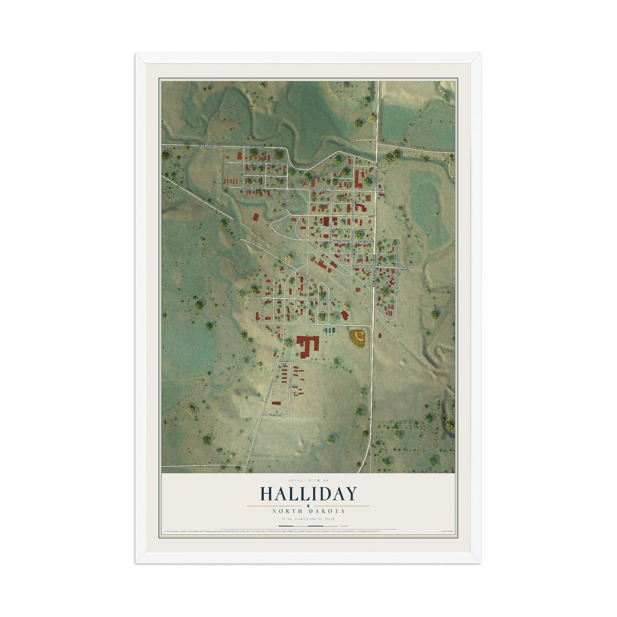 Map of Halliday, North Dakota, 12 x 18 inch print in a white wood frame