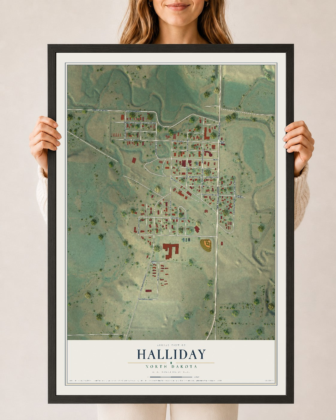Map of Halliday, North Dakota, 24 x 36 inch print in a black wood frame