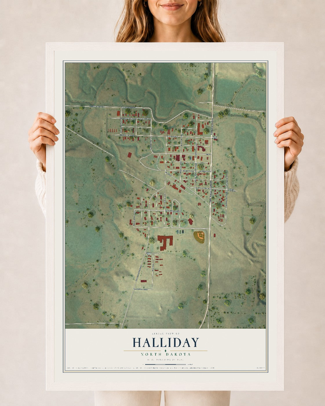 Map of Halliday, North Dakota, 24 x 36 inch print in a white wood frame