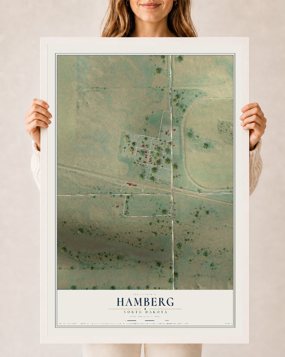 Map of Hamberg, North Dakota, 24 x 36 inch print in a white wood frame