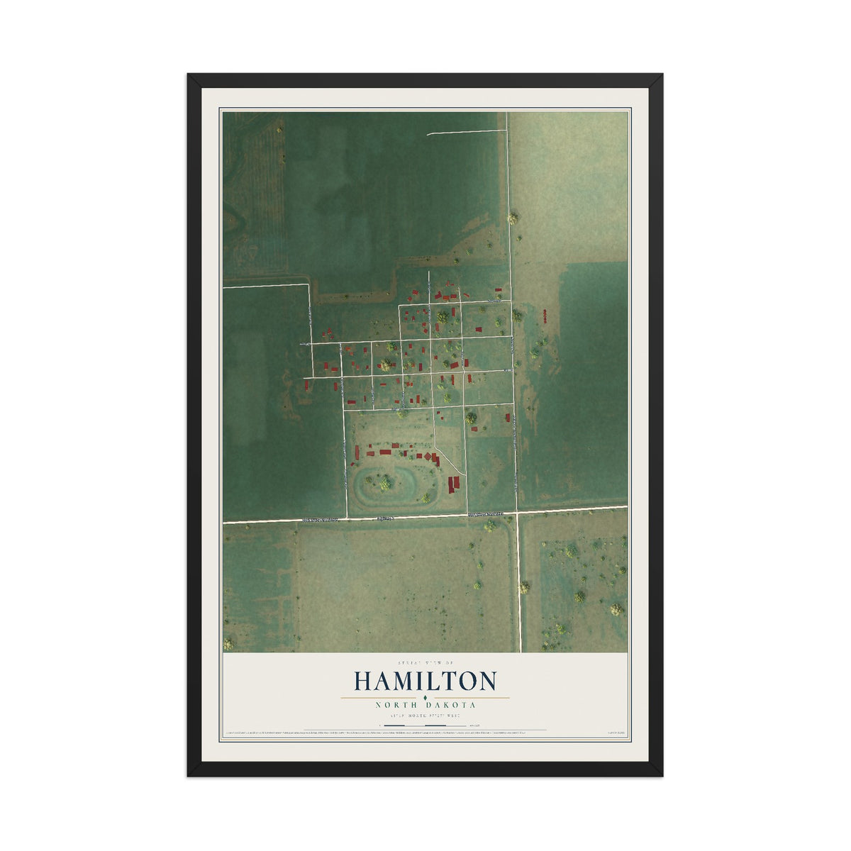 Map of Hamilton, North Dakota, 12 x 18 inch print in a black wood frame