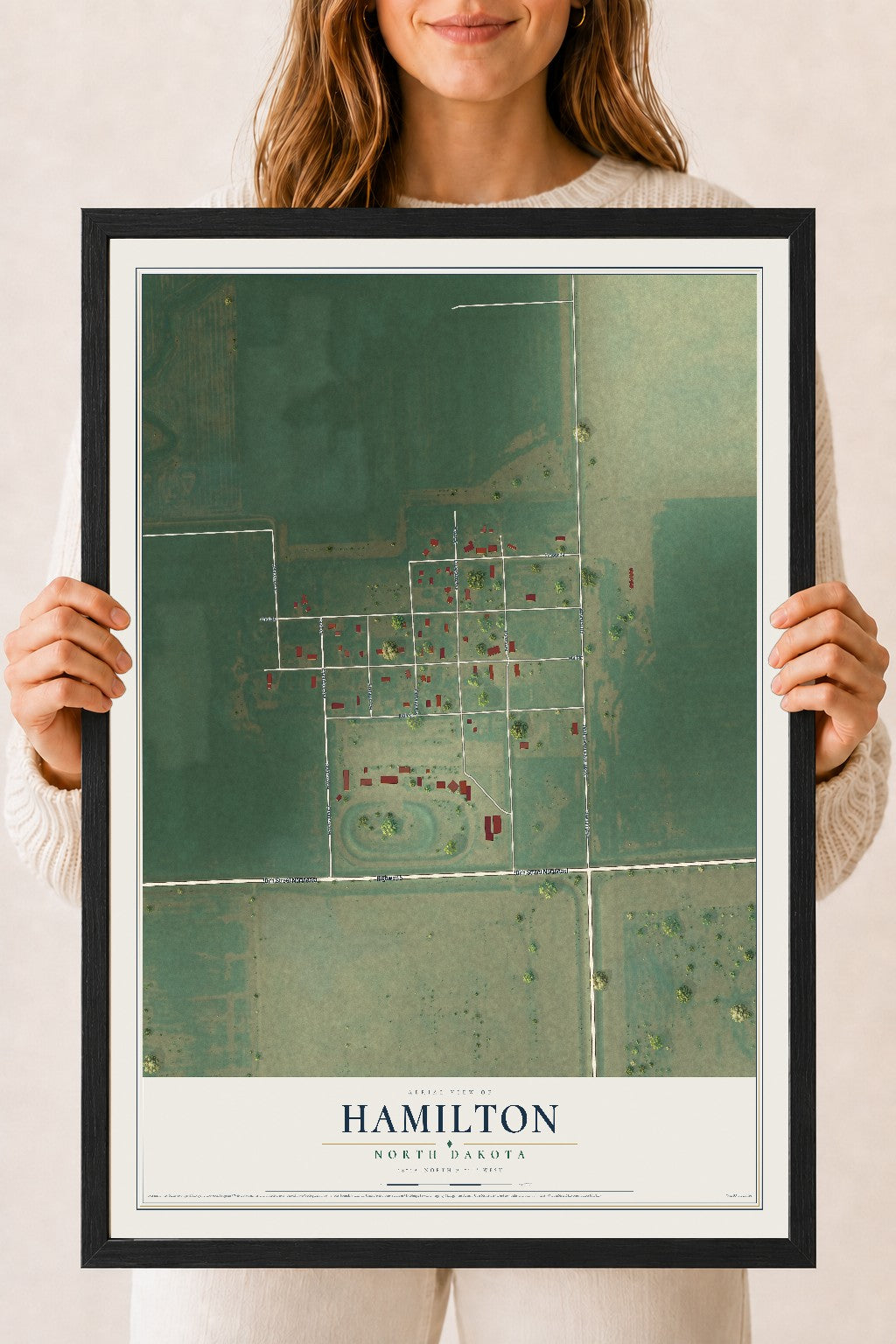 Map of Hamilton, North Dakota, 18 x 24 inch print in a black wood frame
