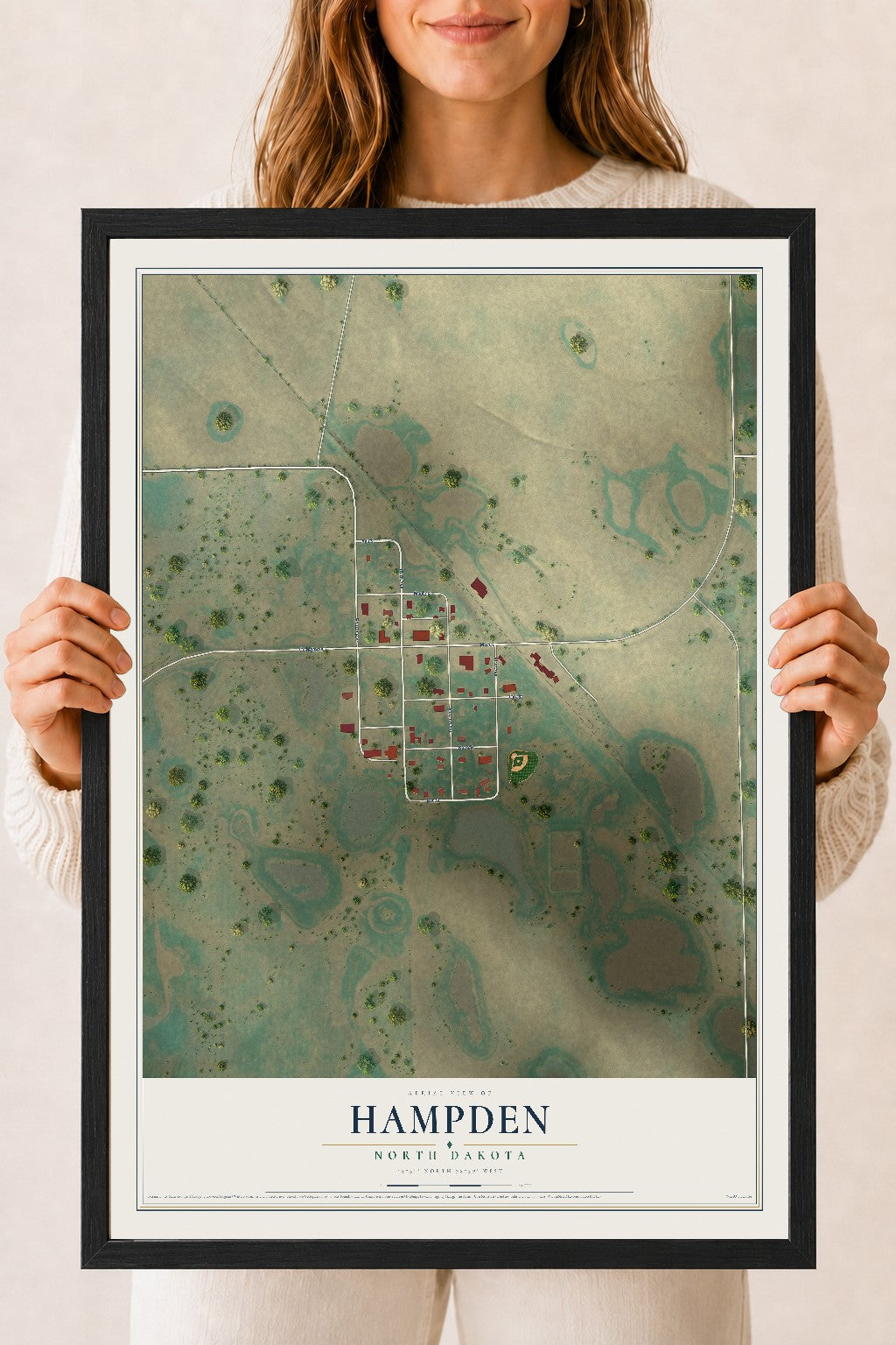 Map of Hampden, North Dakota, 18 x 24 inch print in a black wood frame