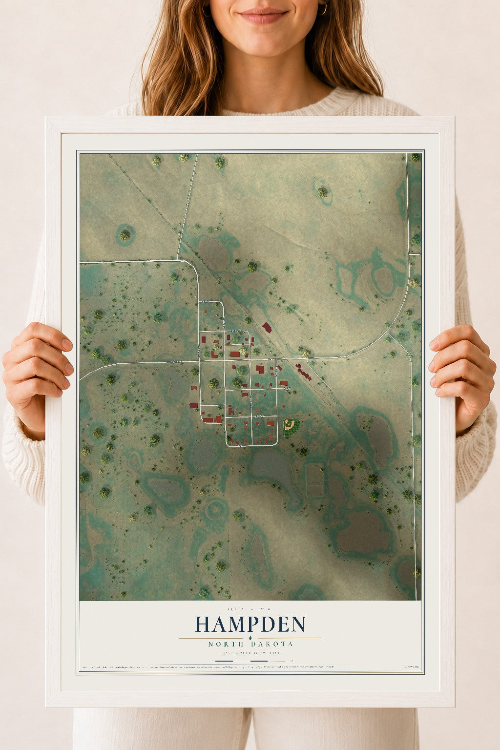 Map of Hampden, North Dakota, 18 x 24 inch print in a white wood frame
