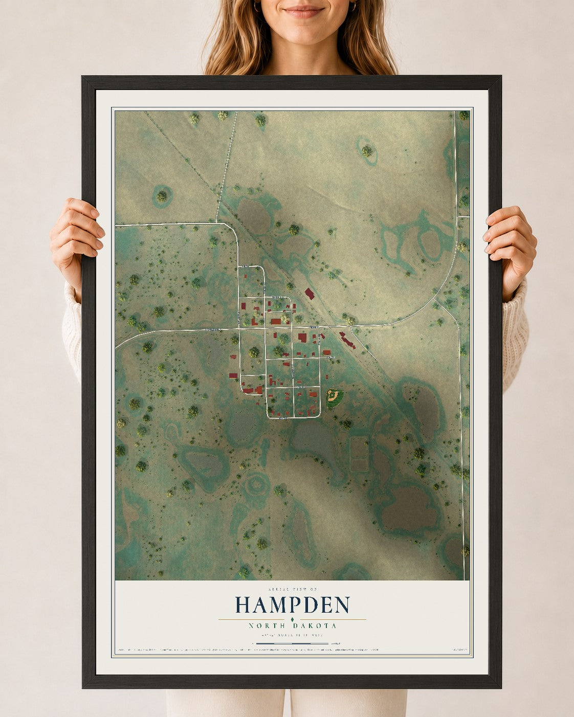 Map of Hampden, North Dakota, 24 x 36 inch print in a black wood frame