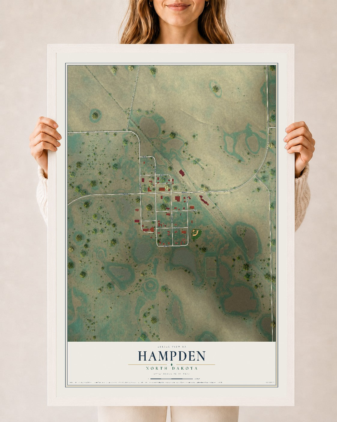 Map of Hampden, North Dakota, 24 x 36 inch print in a white wood frame