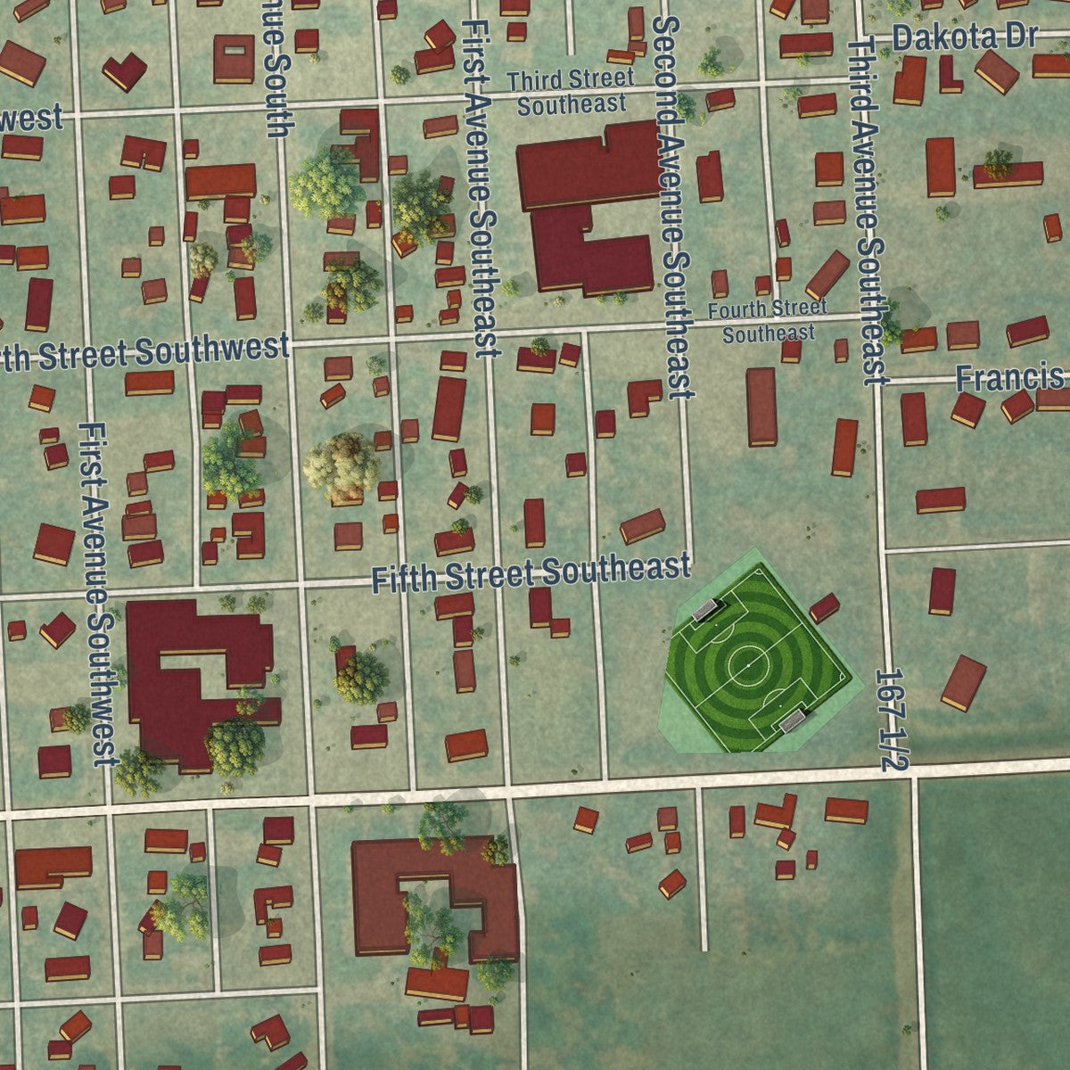Close-up of the map of Hankinson, North Dakota print showing street and building detail