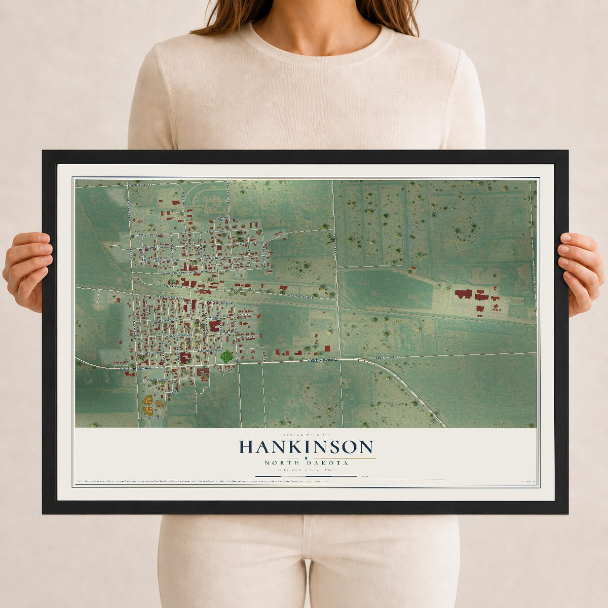 Map of Hankinson, North Dakota, 12 x 18 inch print in a black wood frame