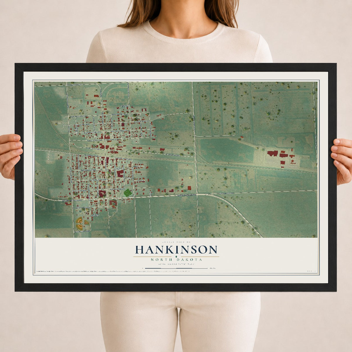 Map of Hankinson, North Dakota, 18 x 24 inch print in a black wood frame