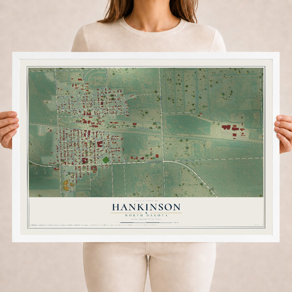 Map of Hankinson, North Dakota, 18 x 24 inch print in a white wood frame