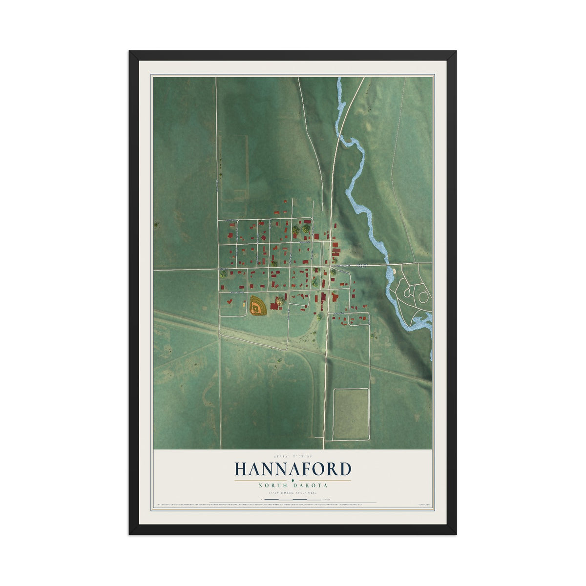 Map of Hannaford, North Dakota, 12 x 18 inch print in a black wood frame