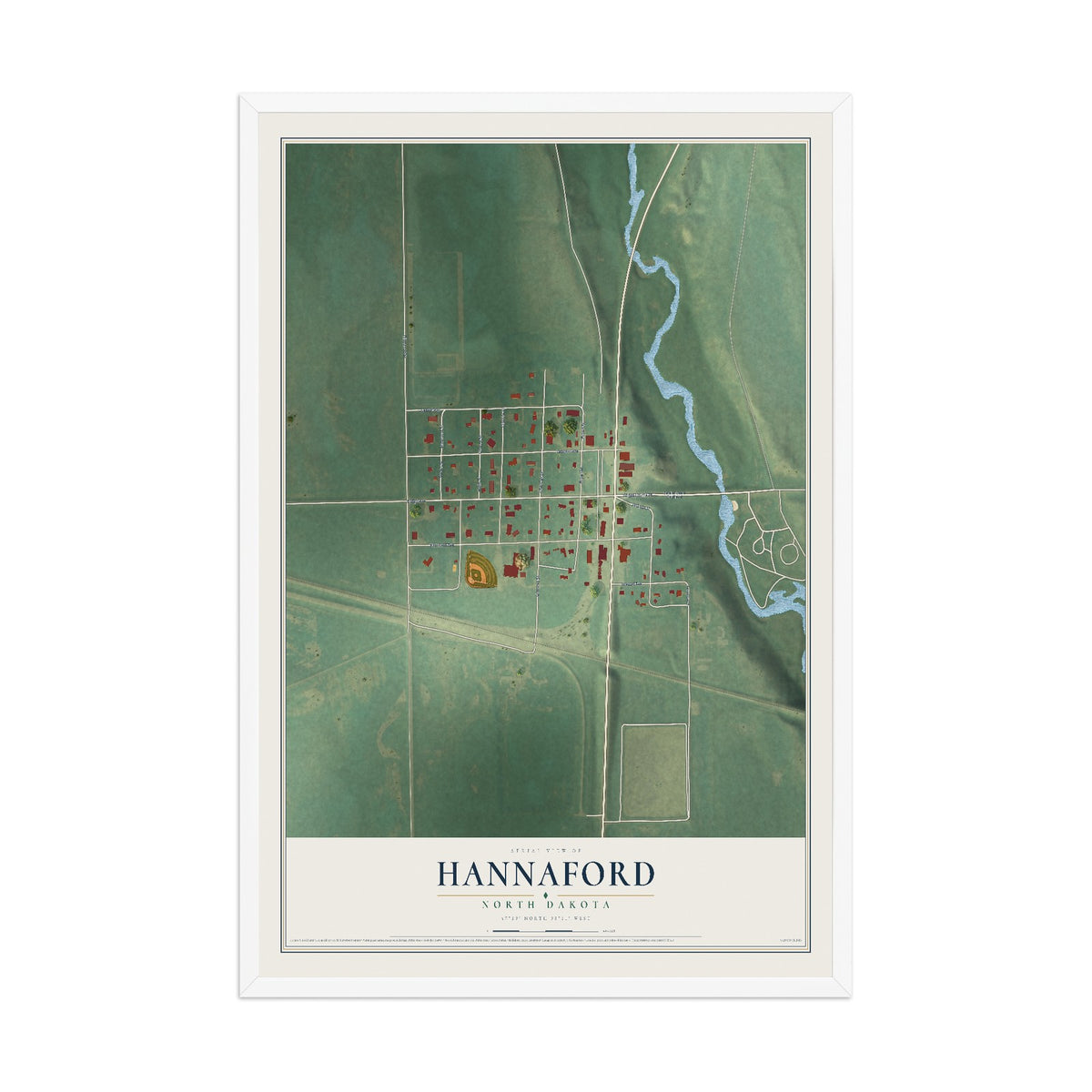 Map of Hannaford, North Dakota, 12 x 18 inch print in a white wood frame