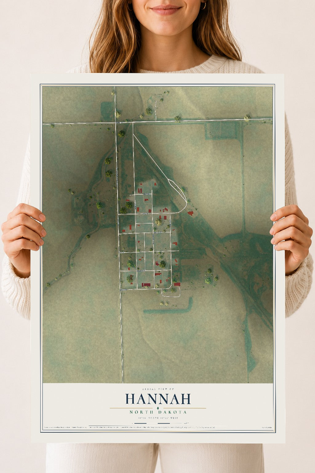 Map of Hannah, North Dakota, 18 x 24 inch unframed archival matte print