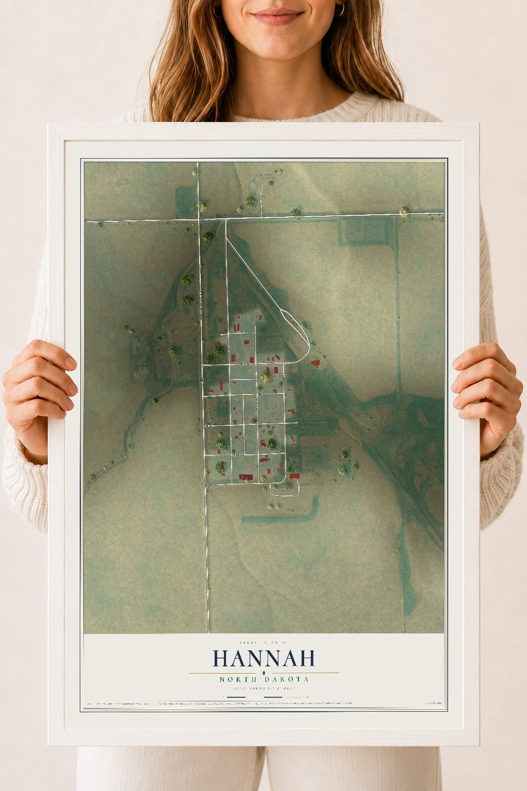 Map of Hannah, North Dakota, 18 x 24 inch print in a white wood frame