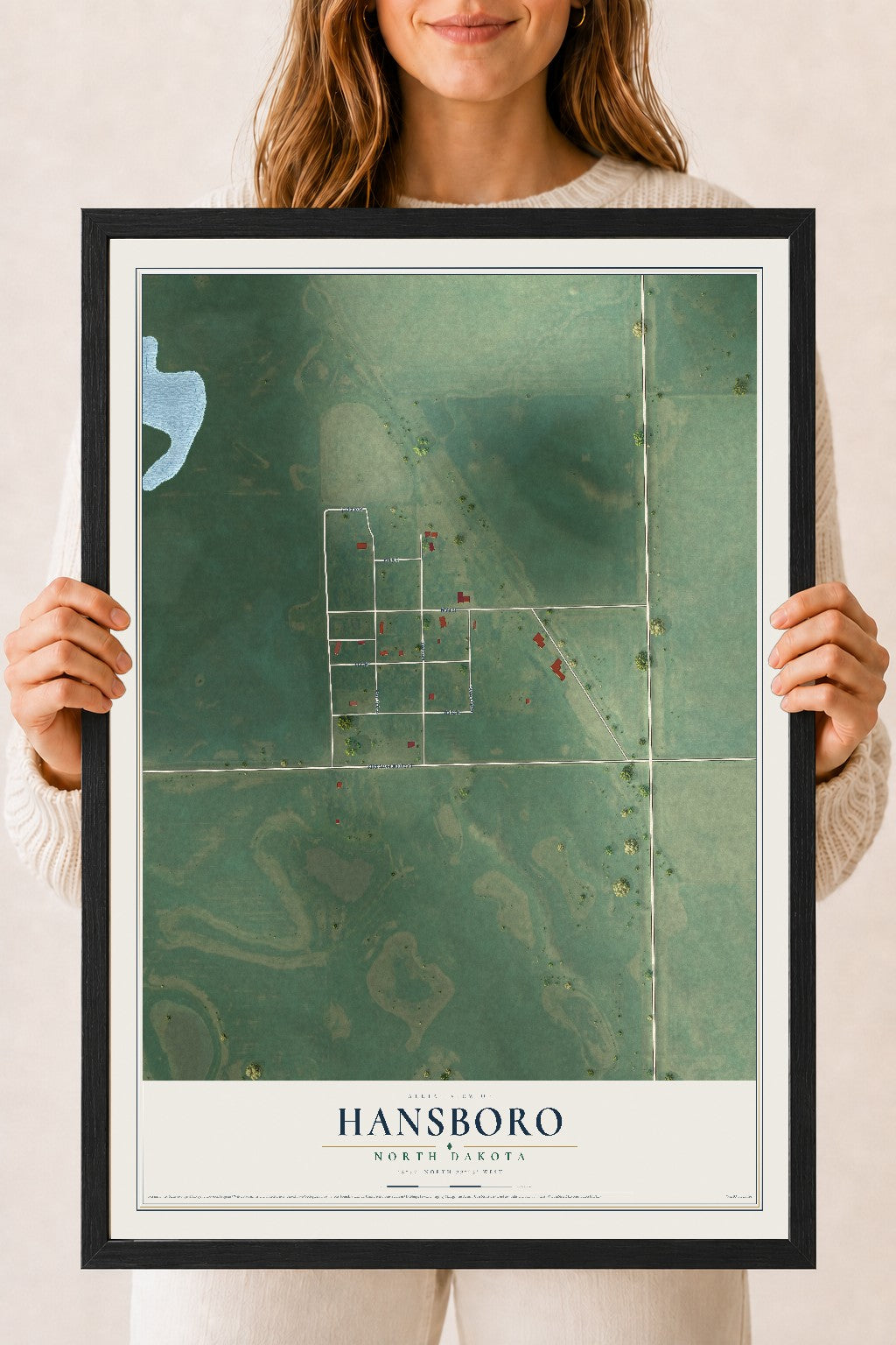 Map of Hansboro, North Dakota, 18 x 24 inch print in a black wood frame