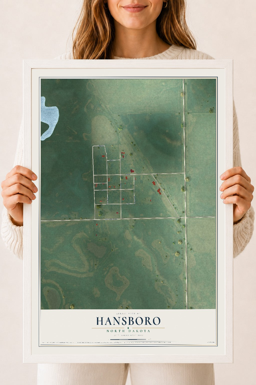 Map of Hansboro, North Dakota, 18 x 24 inch print in a white wood frame