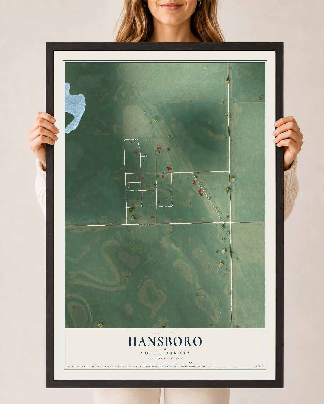 Map of Hansboro, North Dakota, 24 x 36 inch print in a black wood frame
