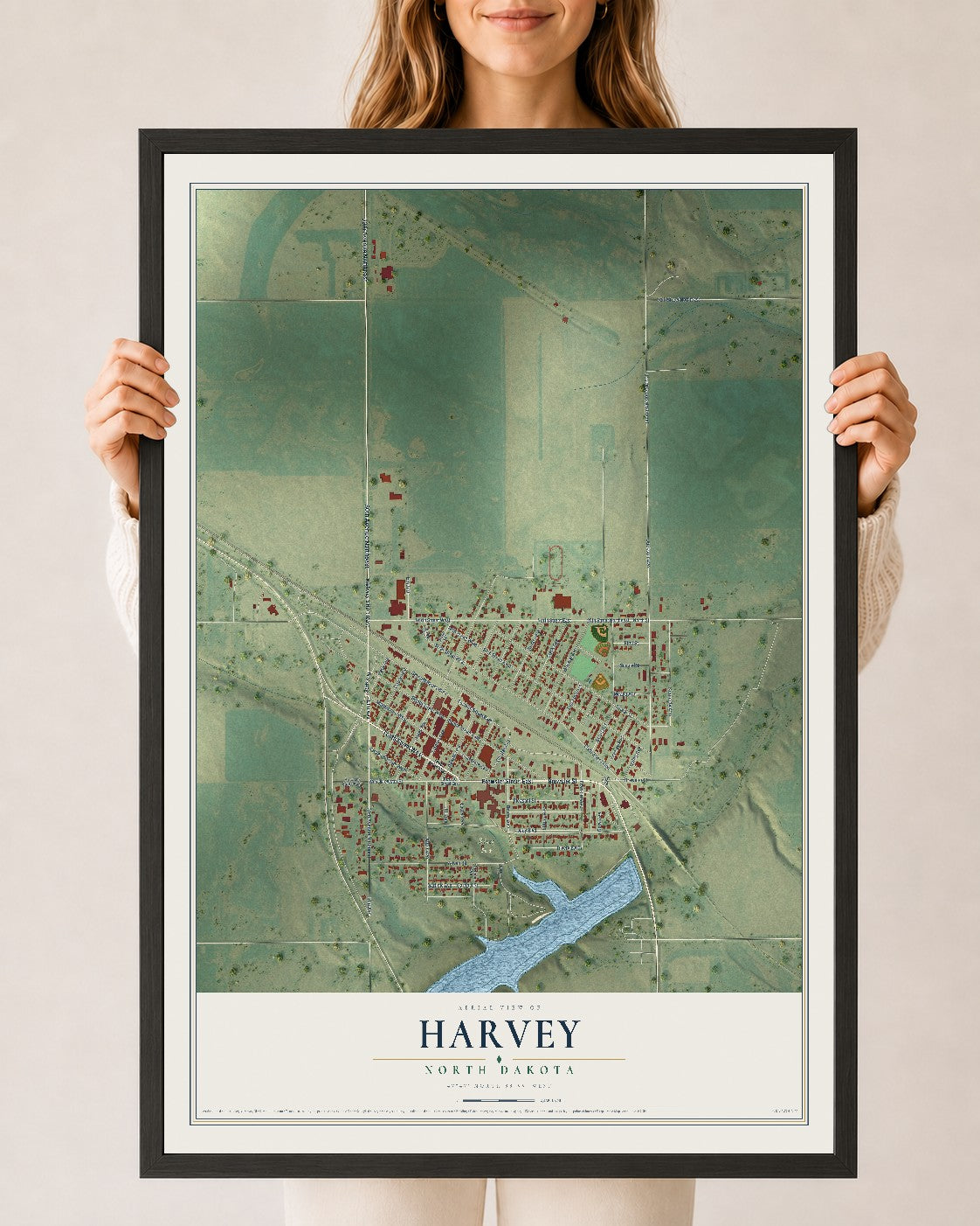 Map of Harvey, North Dakota, 24 x 36 inch print in a black wood frame