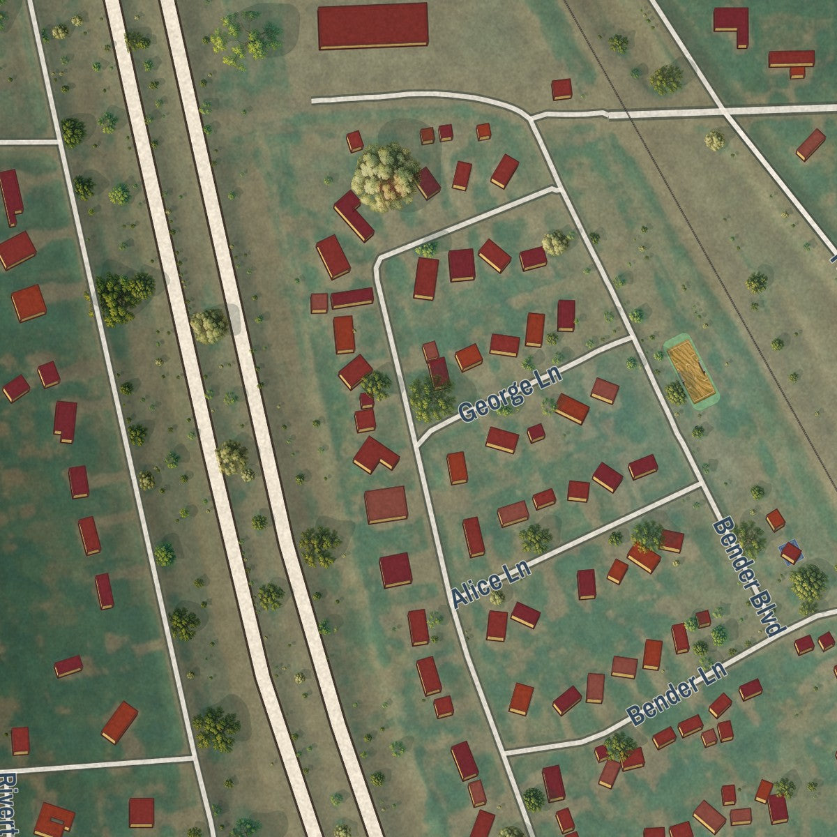Second close-up of the map of Harwood, North Dakota print showing more streets and buildings