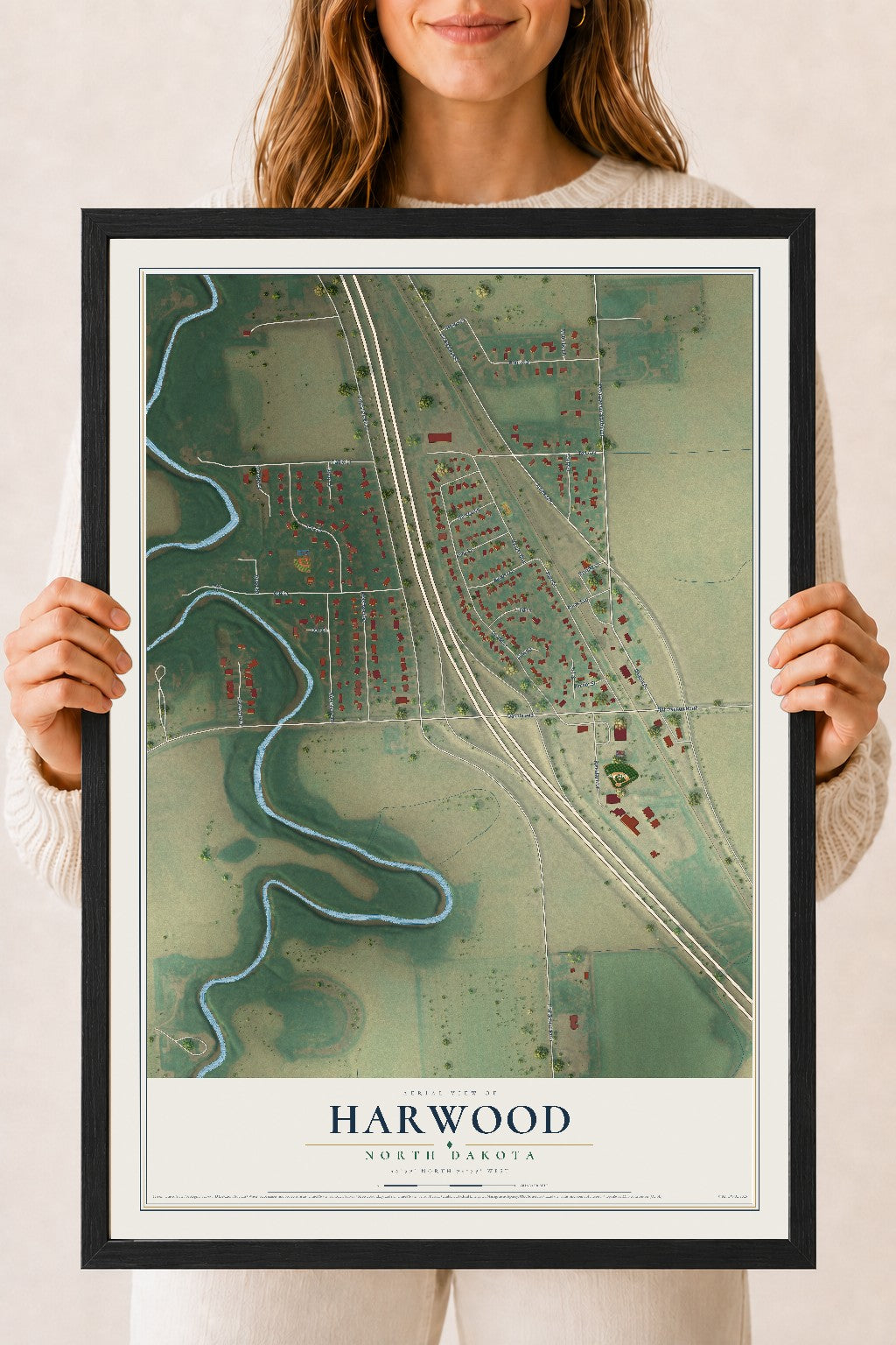 Map of Harwood, North Dakota, 18 x 24 inch print in a black wood frame