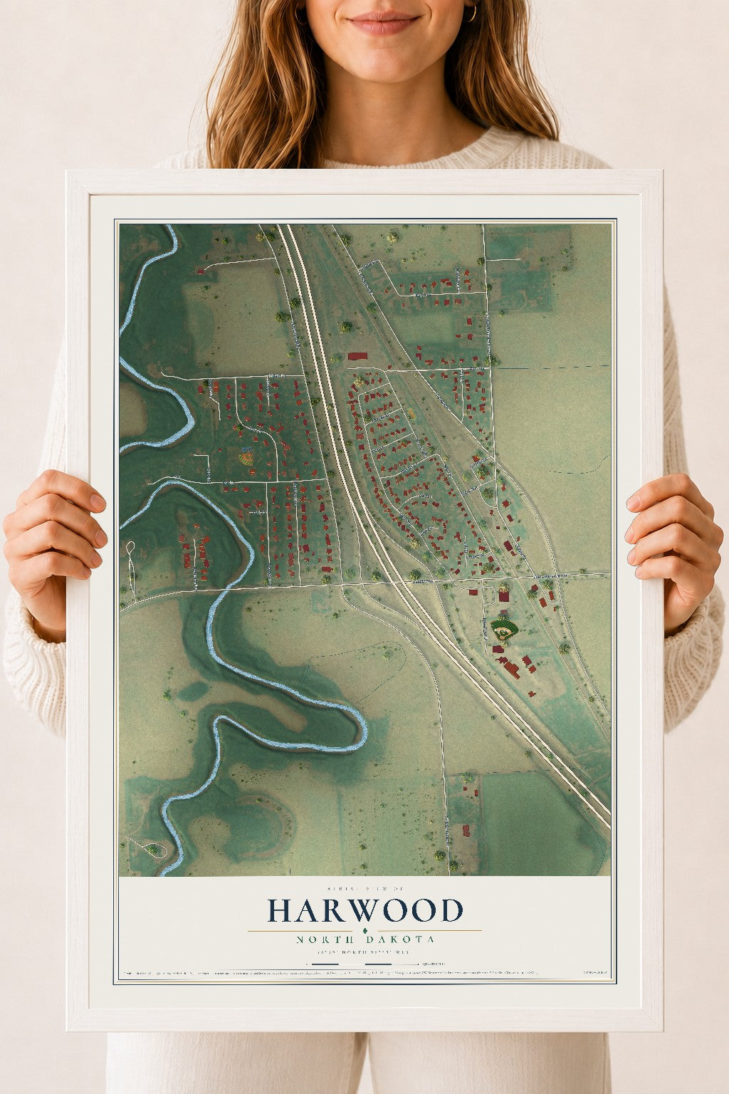 Map of Harwood, North Dakota, 18 x 24 inch print in a white wood frame