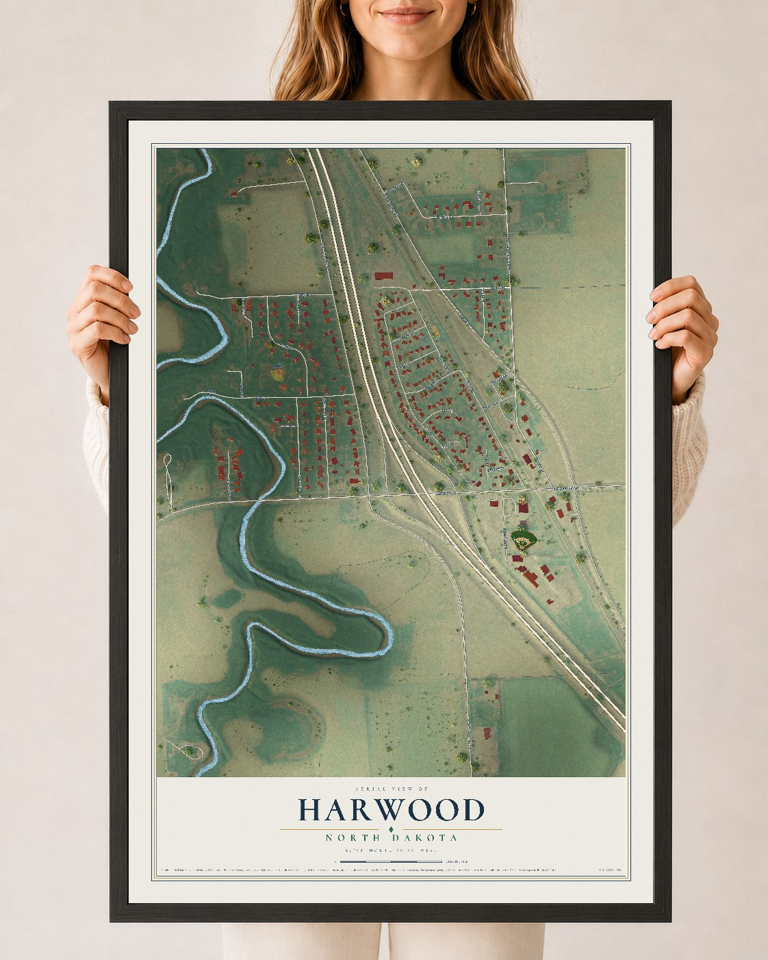 Map of Harwood, North Dakota, 24 x 36 inch print in a black wood frame