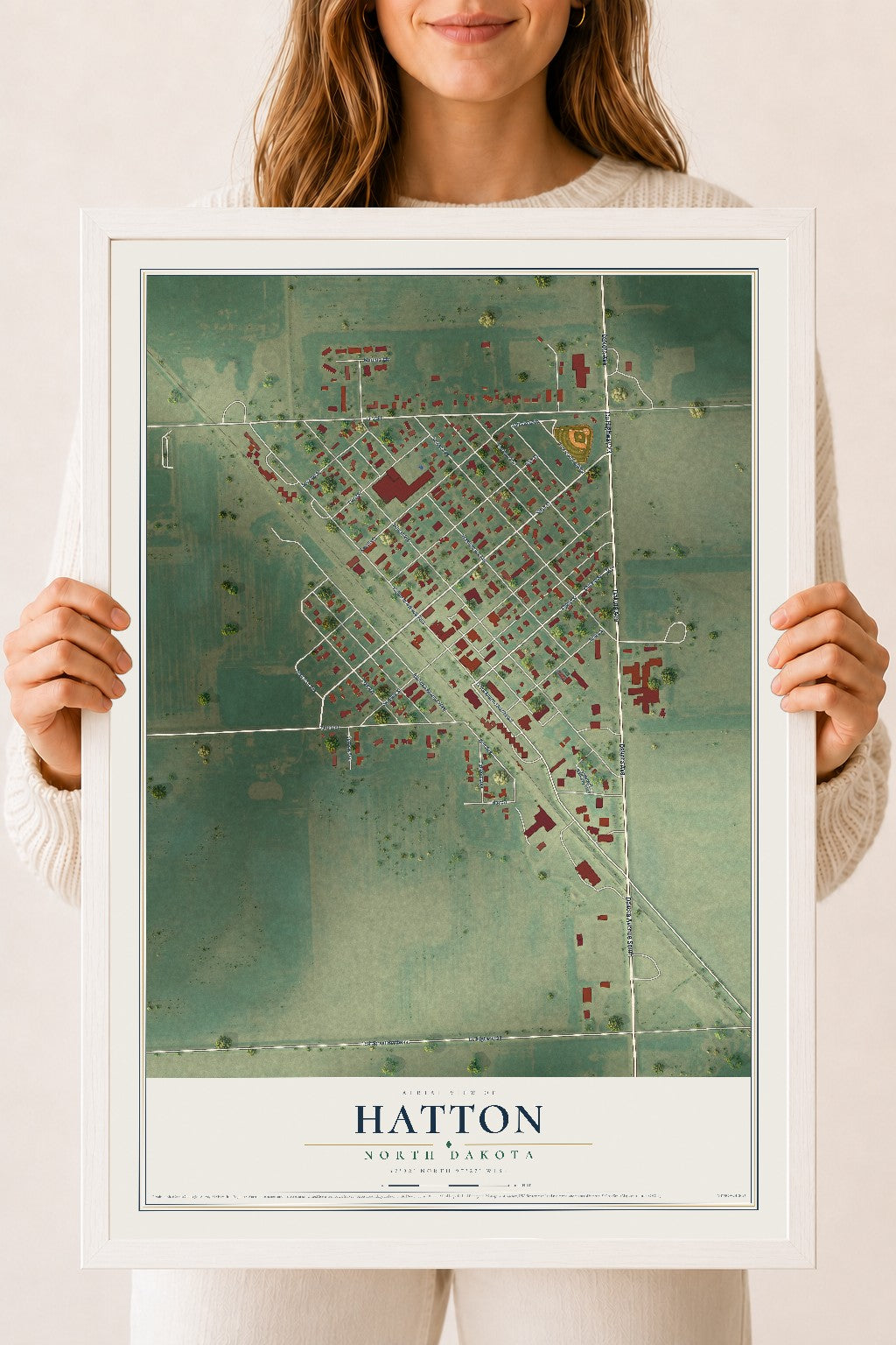 Map of Hatton, North Dakota, 18 x 24 inch print in a white wood frame