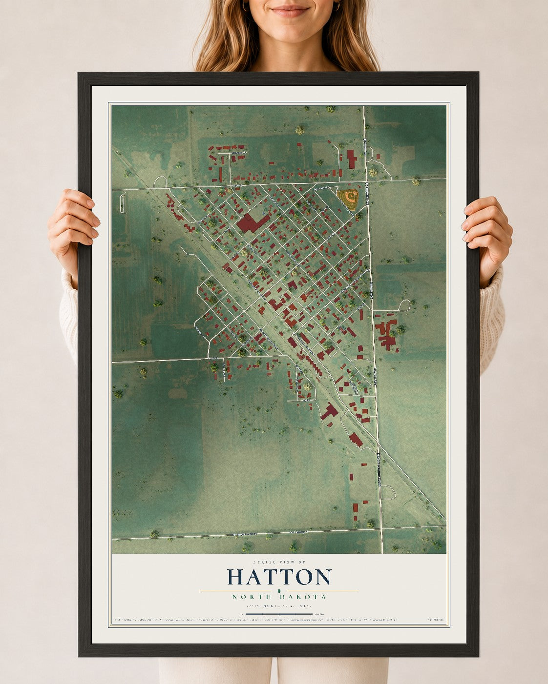 Map of Hatton, North Dakota, 24 x 36 inch print in a black wood frame