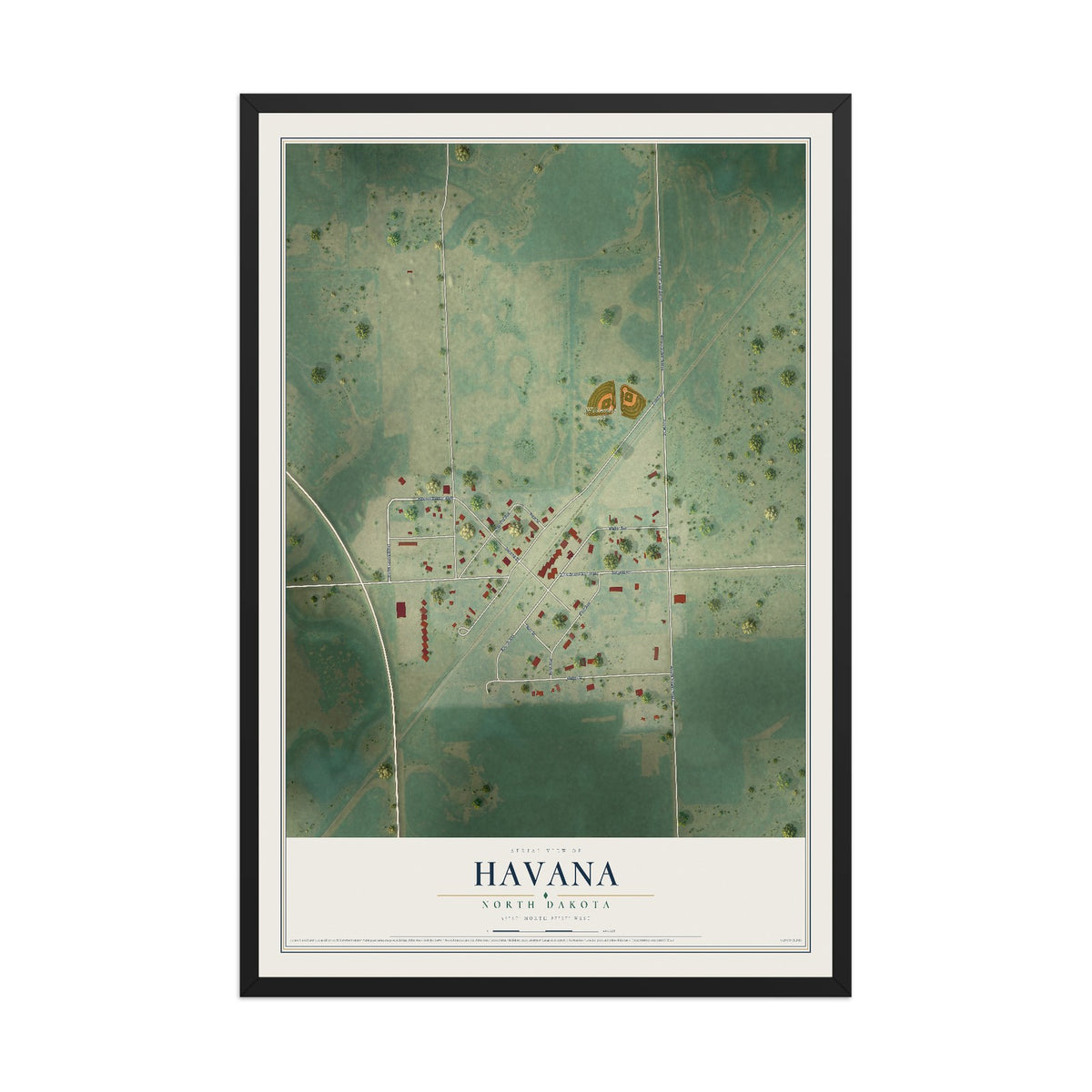 Map of Havana, North Dakota, 12 x 18 inch print in a black wood frame