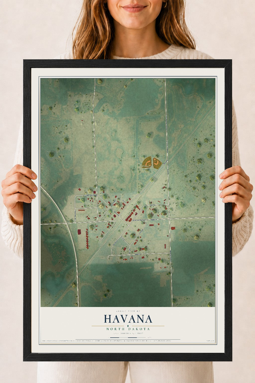 Map of Havana, North Dakota, 18 x 24 inch print in a black wood frame