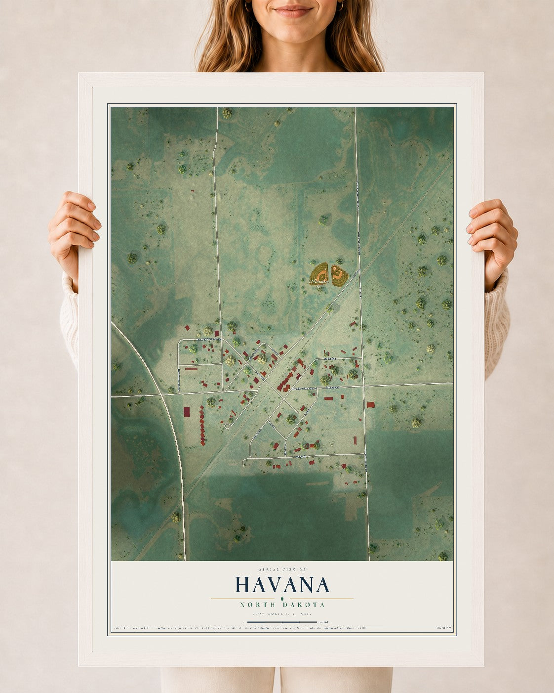 Map of Havana, North Dakota, 24 x 36 inch print in a white wood frame