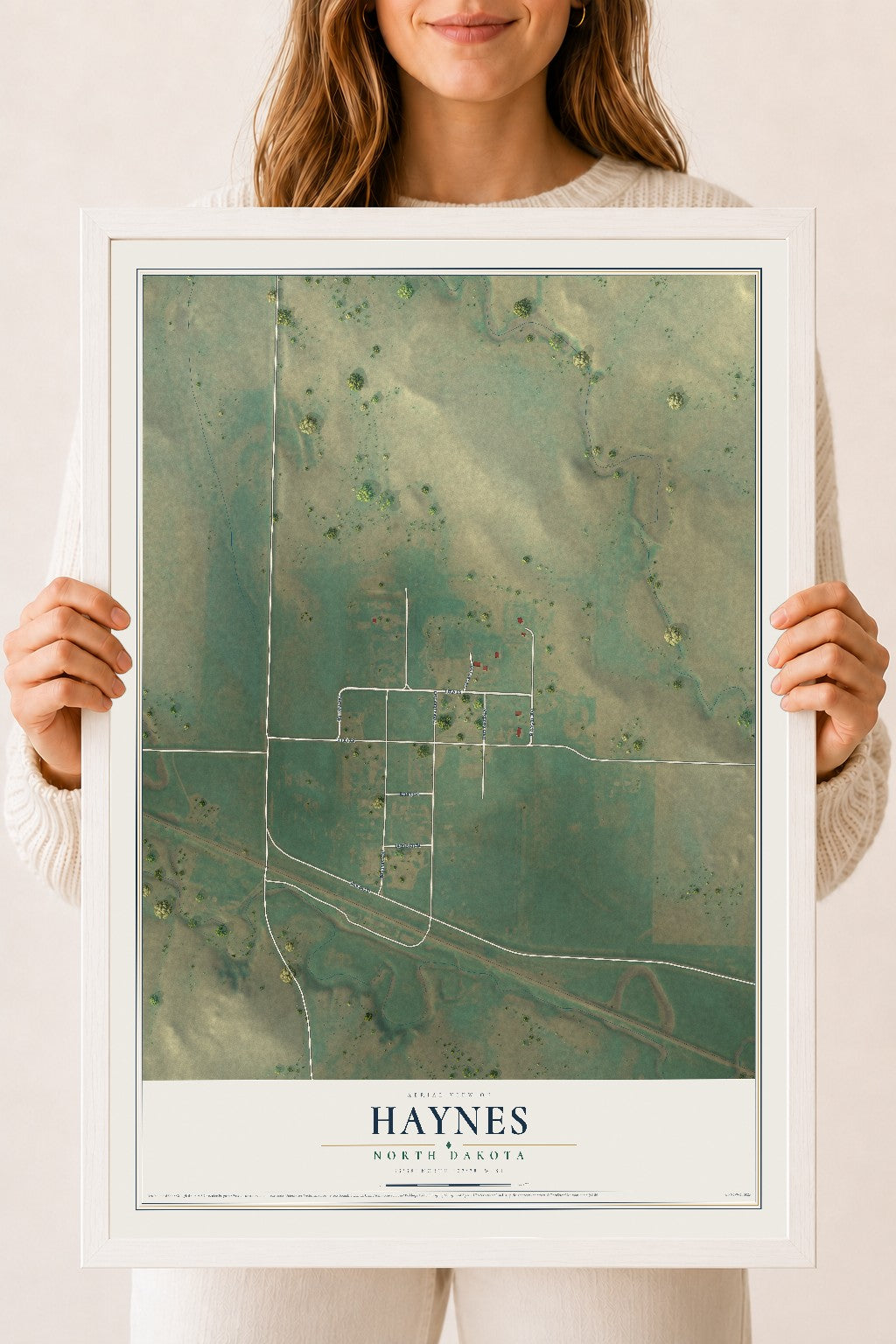 Map of Haynes, North Dakota, 18 x 24 inch print in a white wood frame