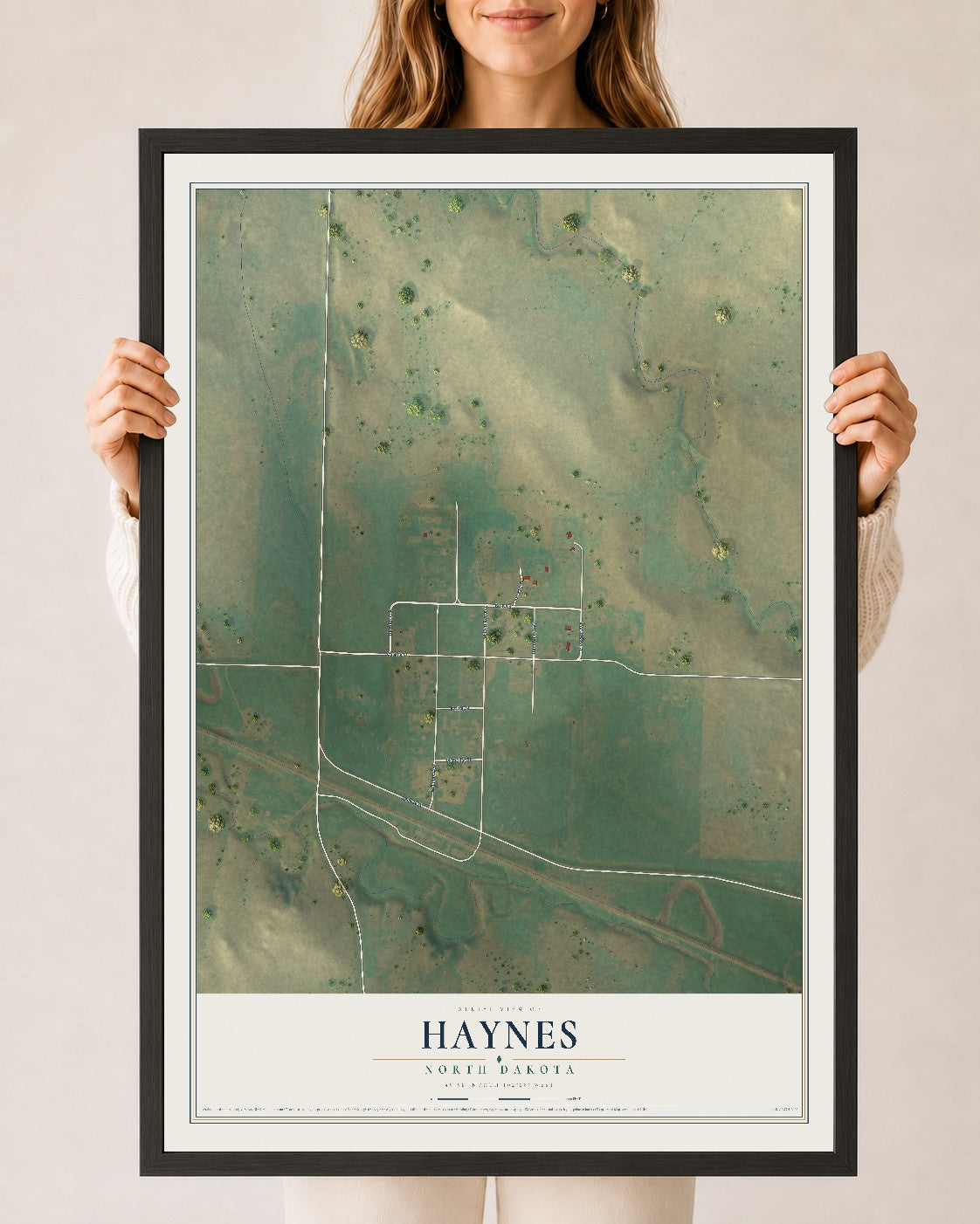 Map of Haynes, North Dakota, 24 x 36 inch print in a black wood frame