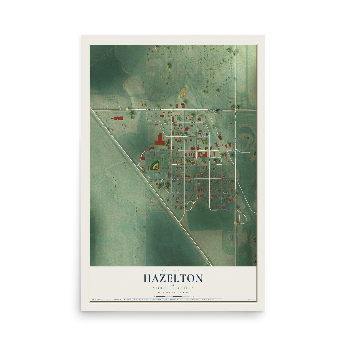 Map of Hazelton, North Dakota, 12 x 18 inch unframed archival matte print