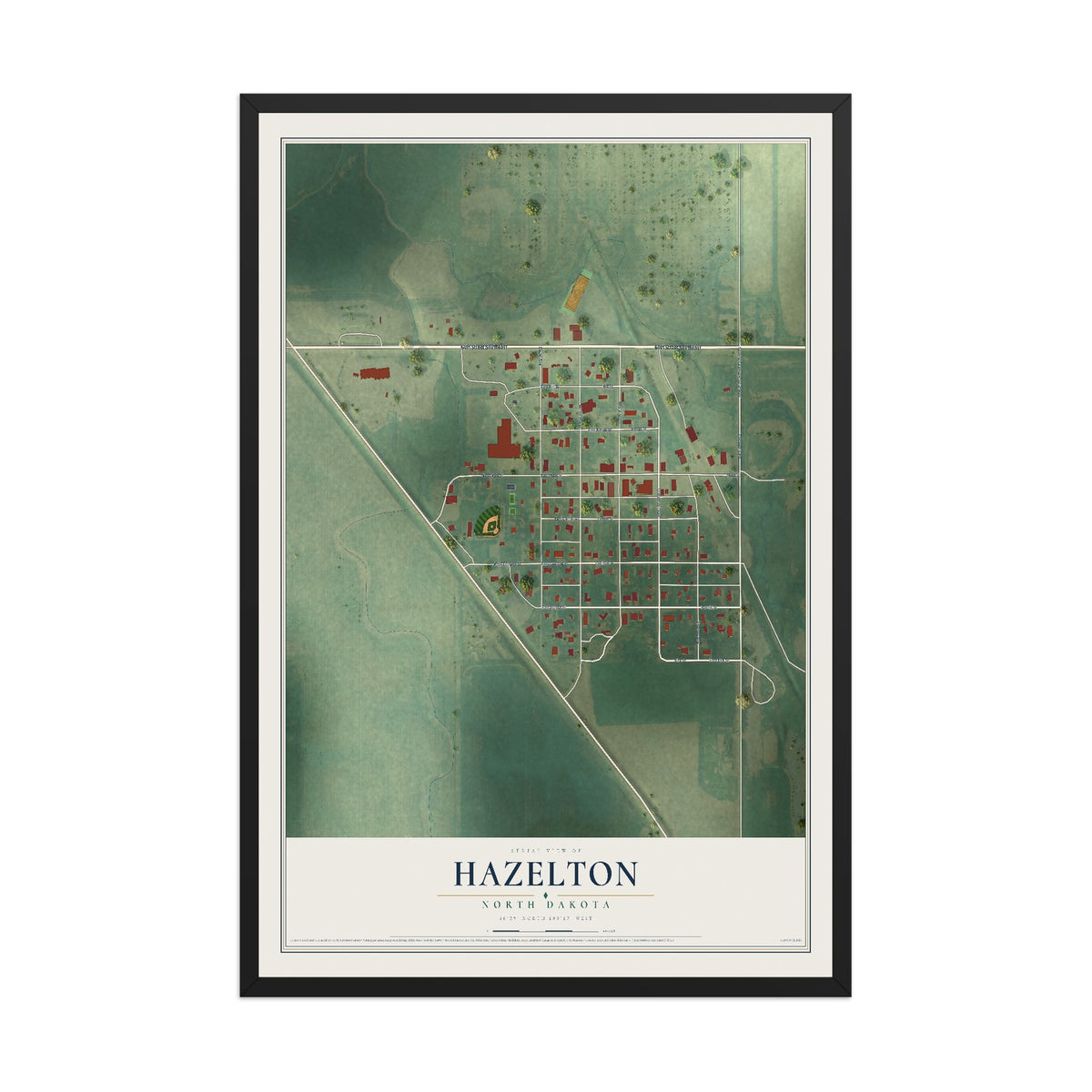 Map of Hazelton, North Dakota, 12 x 18 inch print in a black wood frame