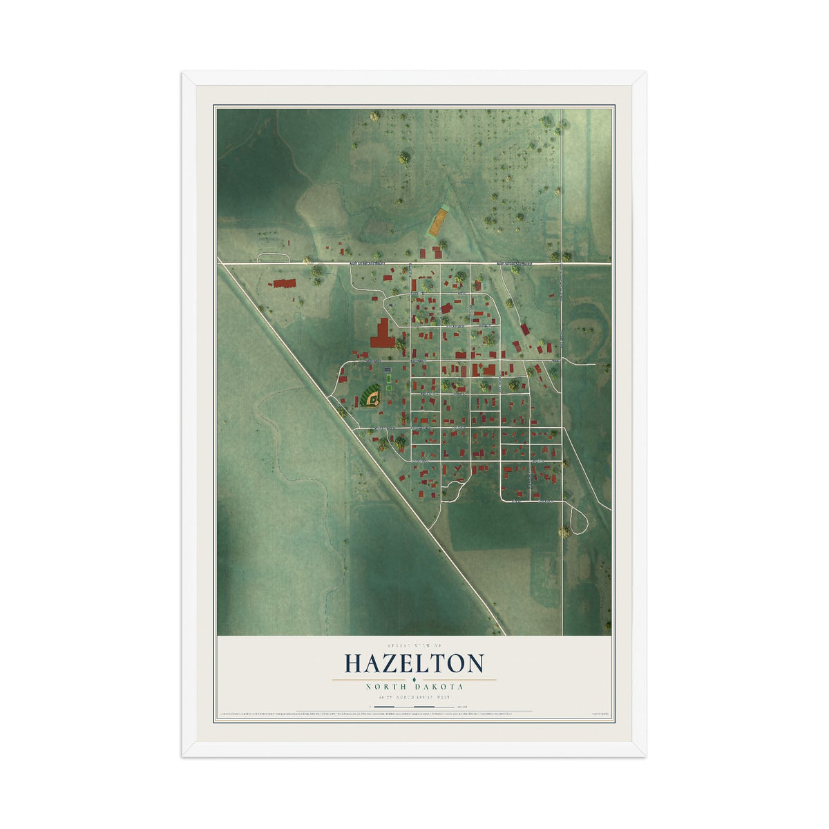 Map of Hazelton, North Dakota, 12 x 18 inch print in a white wood frame