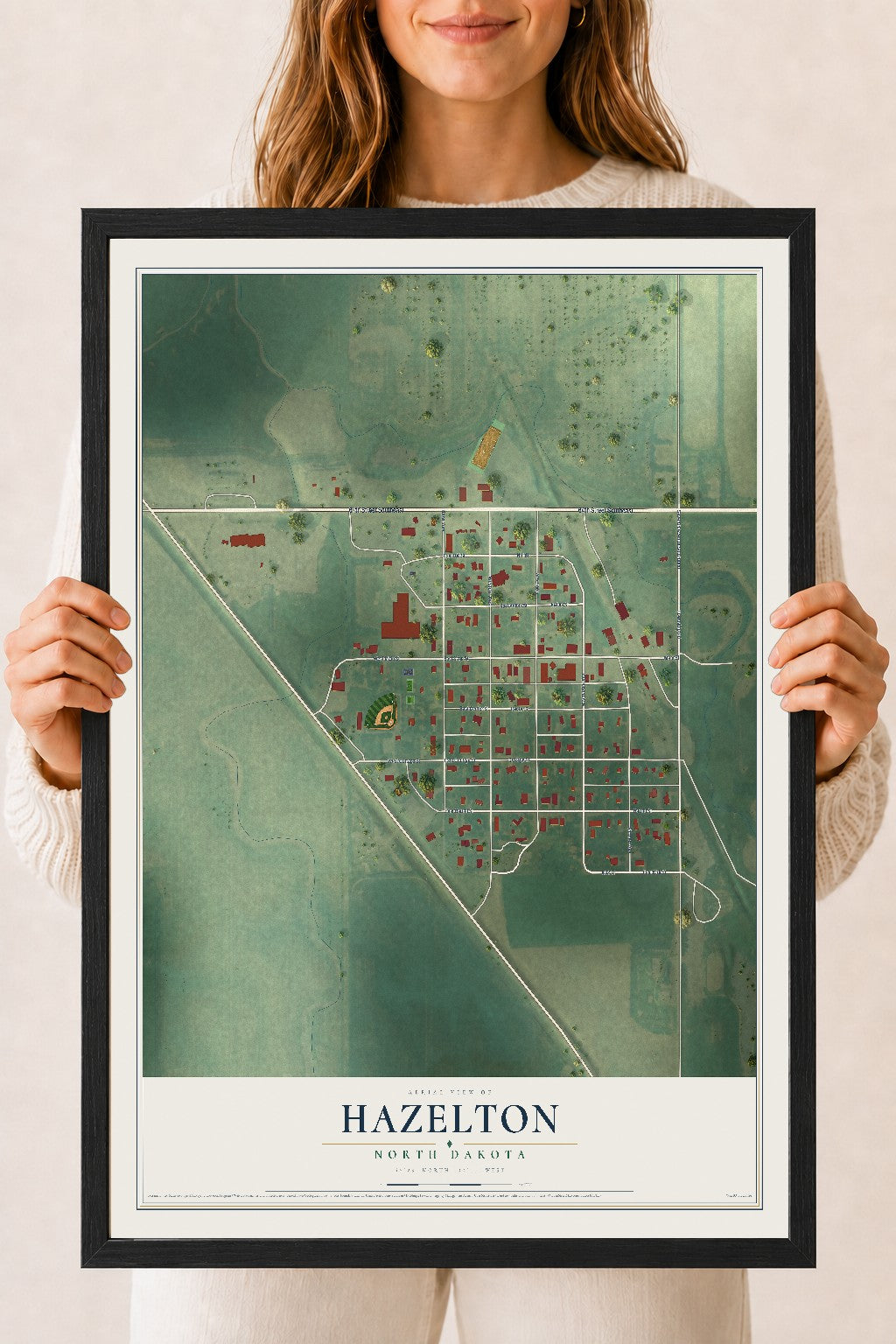 Map of Hazelton, North Dakota, 18 x 24 inch print in a black wood frame