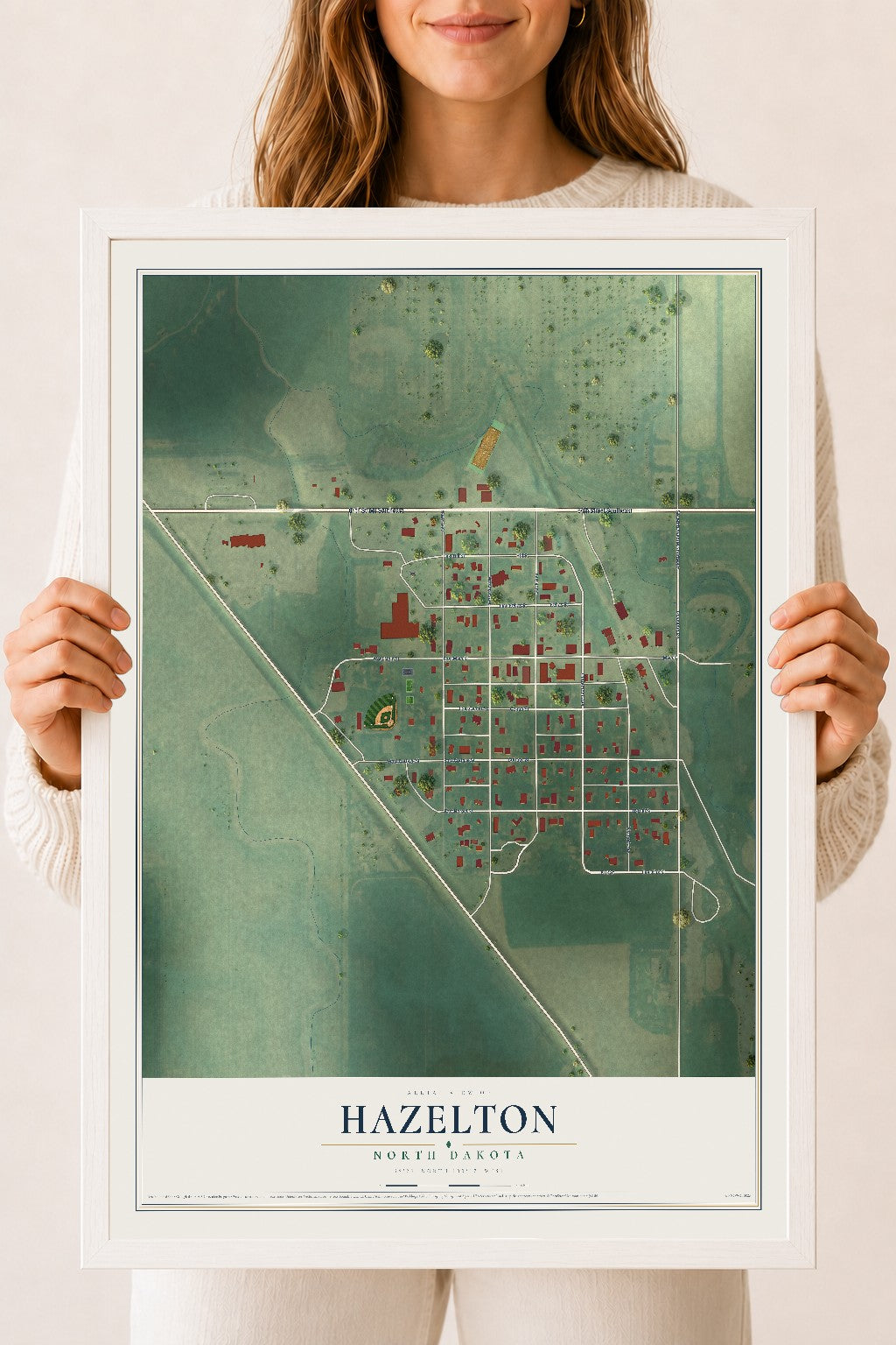 Map of Hazelton, North Dakota, 18 x 24 inch print in a white wood frame