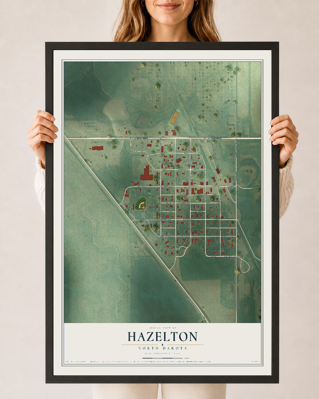 Map of Hazelton, North Dakota, 24 x 36 inch print in a black wood frame