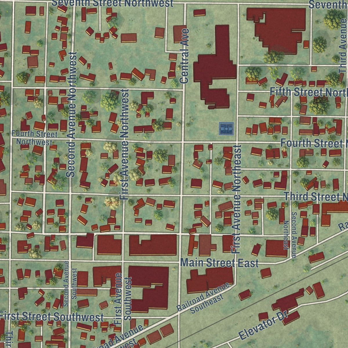Close-up of the map of Hazen, North Dakota print showing street and building detail