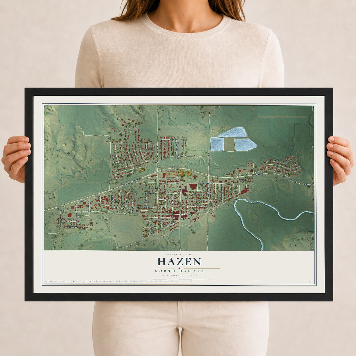 Map of Hazen, North Dakota, 12 x 18 inch print in a black wood frame