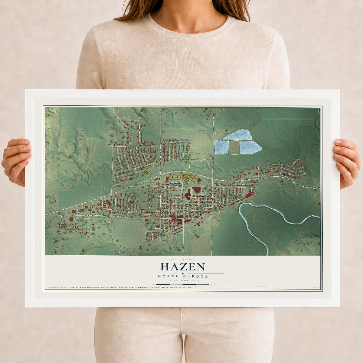 Map of Hazen, North Dakota, 12 x 18 inch print in a white wood frame