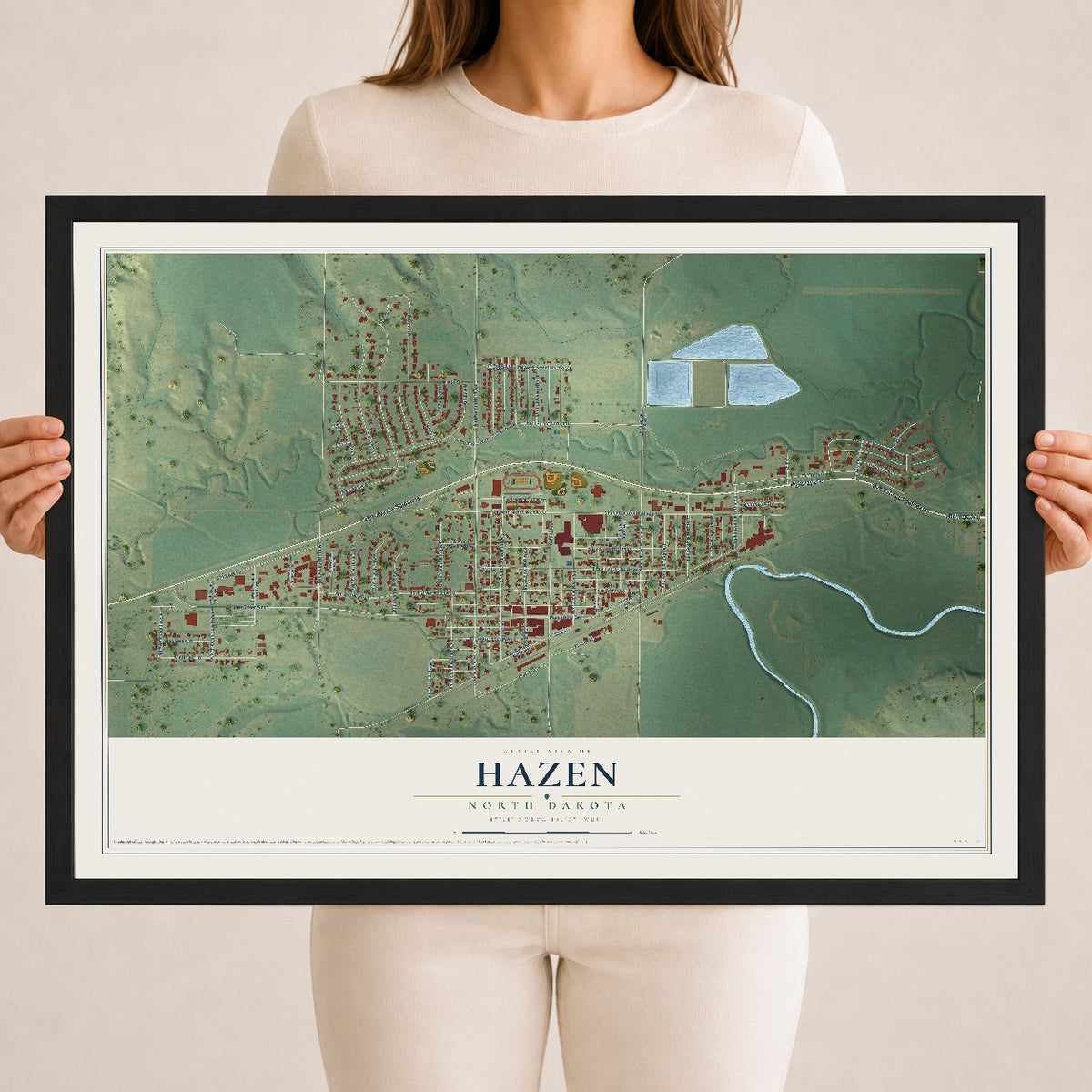 Map of Hazen, North Dakota, 18 x 24 inch print in a black wood frame