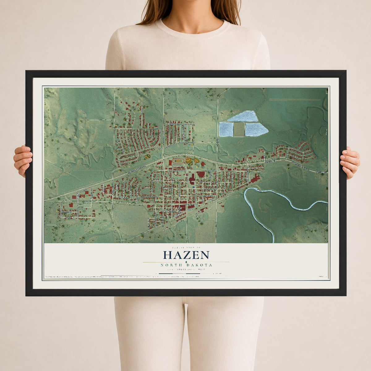 Map of Hazen, North Dakota, 24 x 36 inch print in a black wood frame