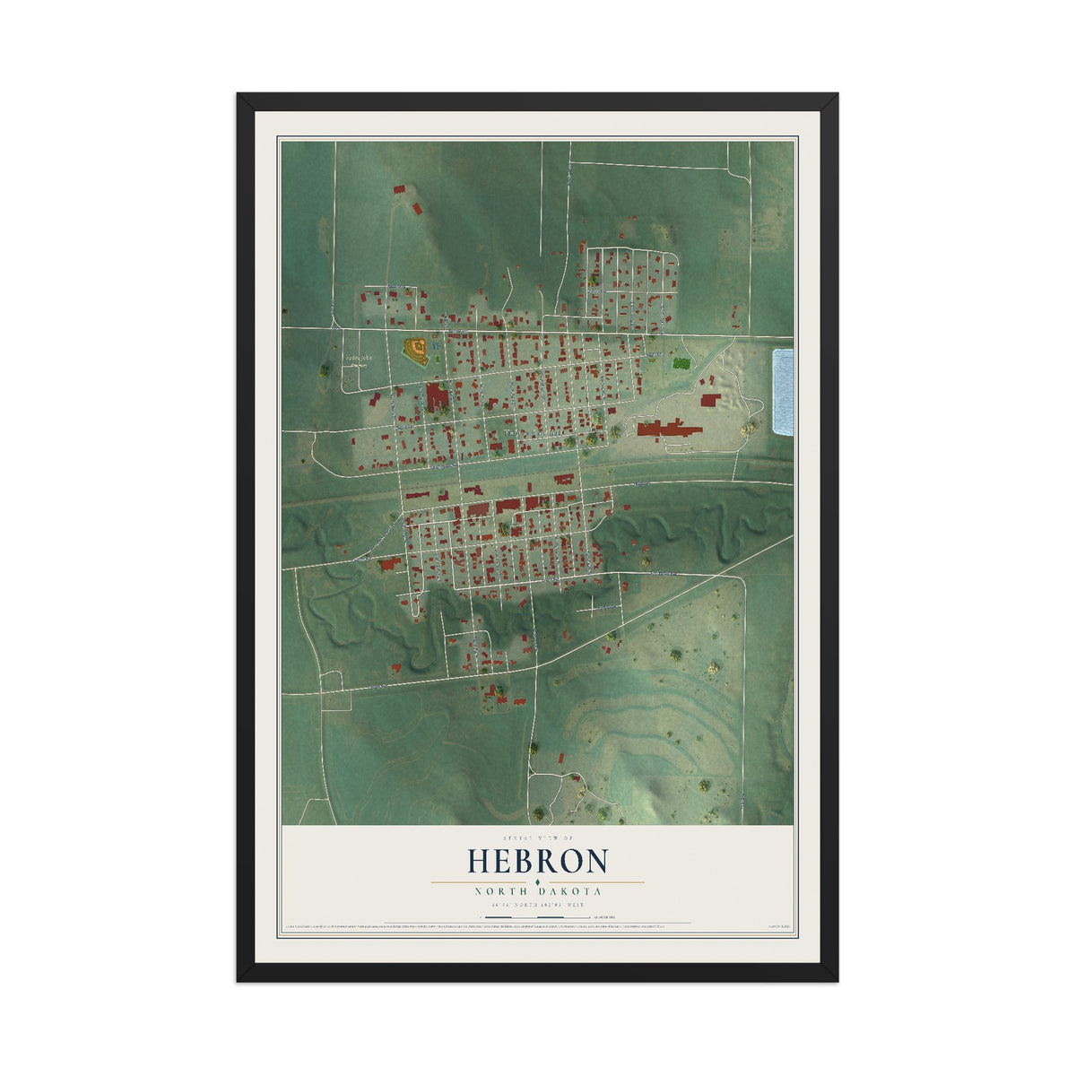 Map of Hebron, North Dakota, 12 x 18 inch print in a black wood frame