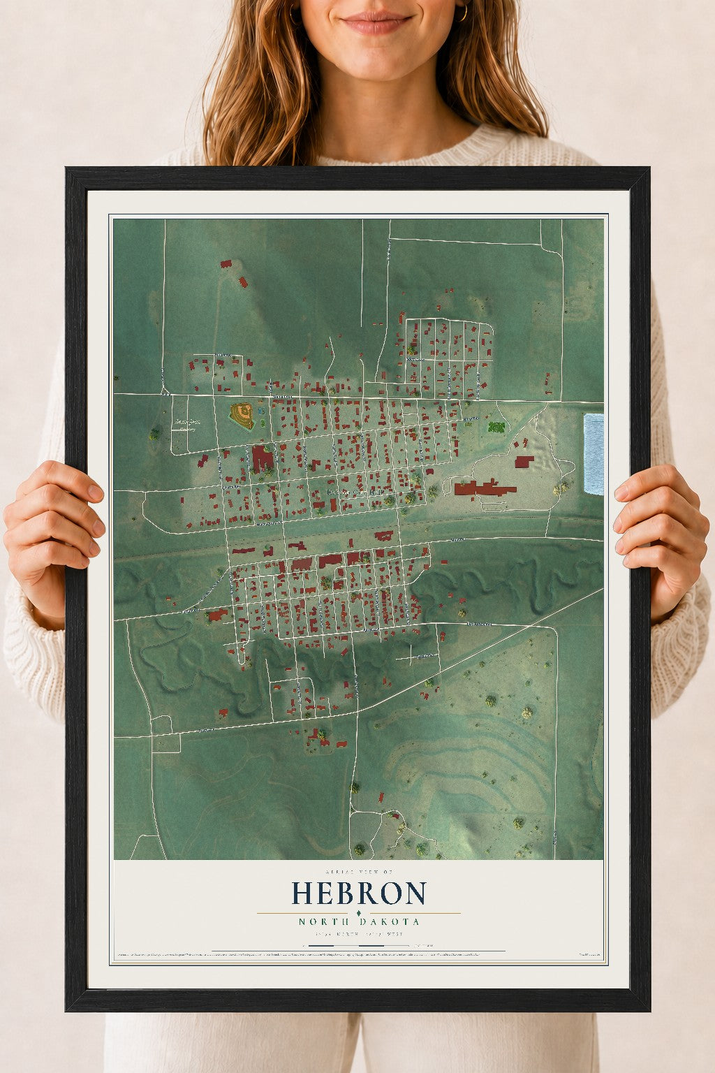 Map of Hebron, North Dakota, 18 x 24 inch print in a black wood frame