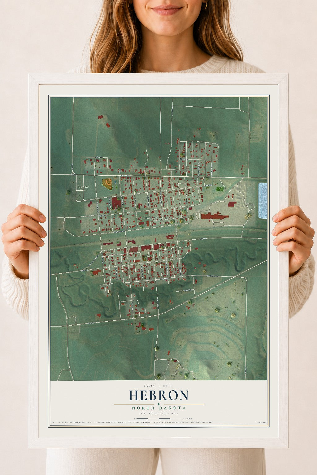 Map of Hebron, North Dakota, 18 x 24 inch print in a white wood frame