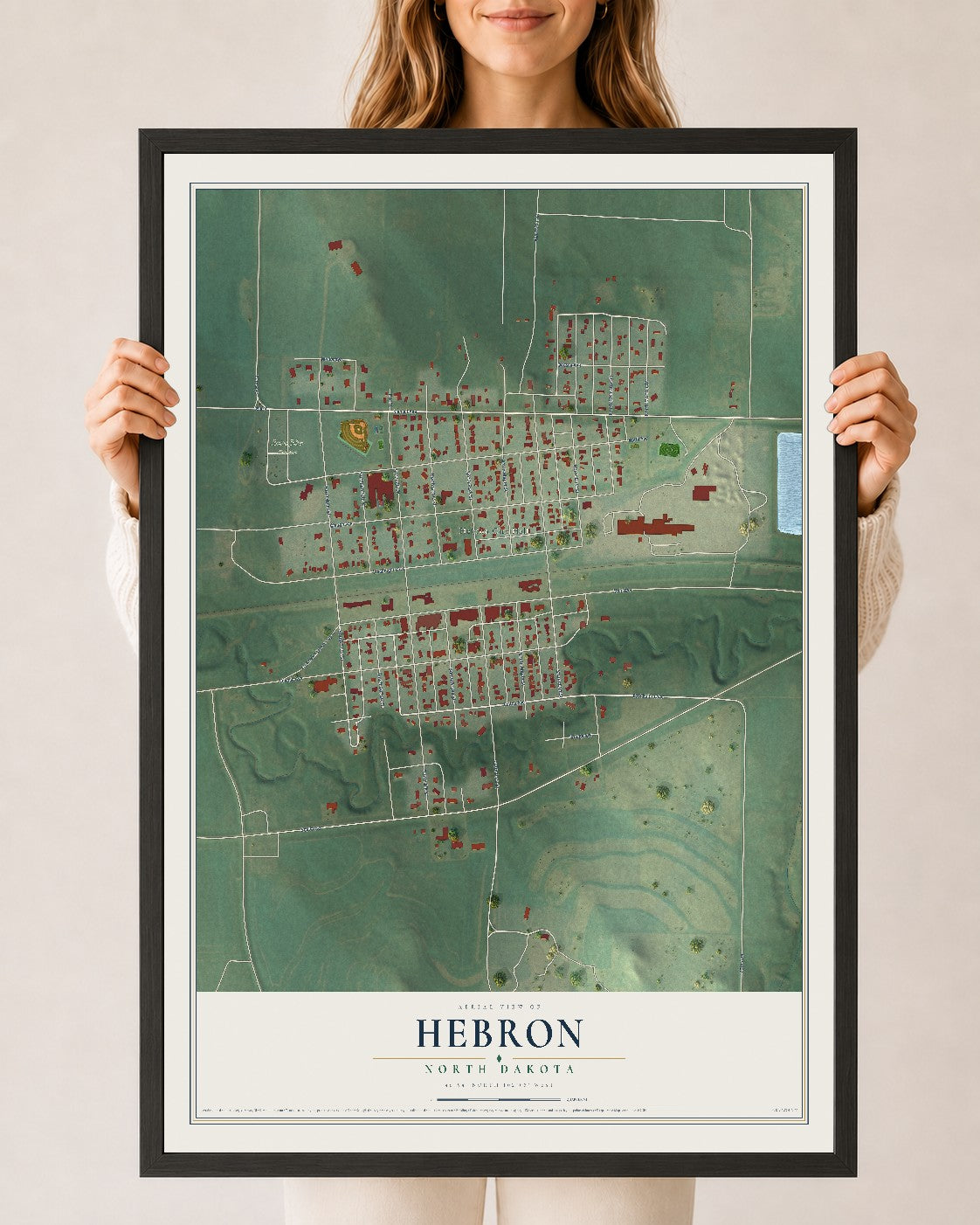 Map of Hebron, North Dakota, 24 x 36 inch print in a black wood frame