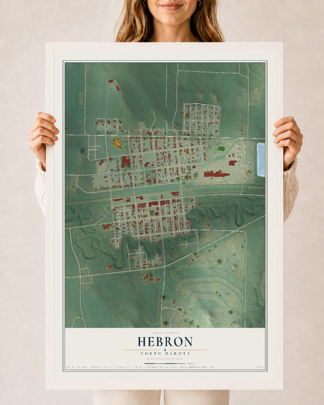 Map of Hebron, North Dakota, 24 x 36 inch print in a white wood frame