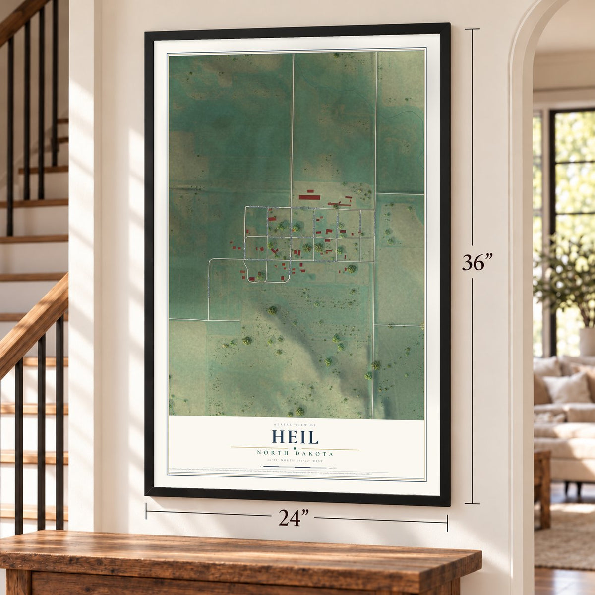 Heil, North Dakota map, 24 x 36 inch print in a black frame by a staircase